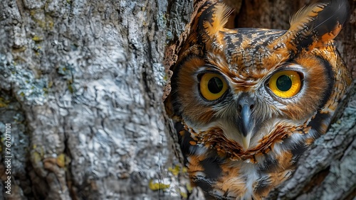 Illustration of a close-up image of an owl's face with big eyes in bright yellow on a tree It can convey wisdom, knowledge, intelligence, mystery,  superstition, nature, forests, wildlife, nighttime.