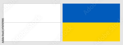 Ukraine flag - coloring page. Set of white wireframe thin black outline flag and original colored flag.