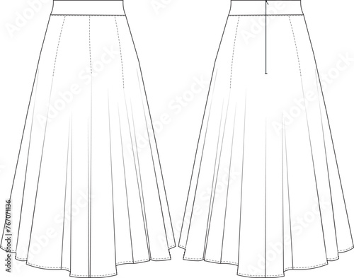 flared a line maxi long skirt template technical drawing flat sketch cad mockup fashion woman design style model
