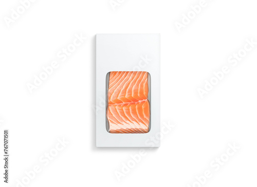 Blank white box pack with salmon mockup, top view