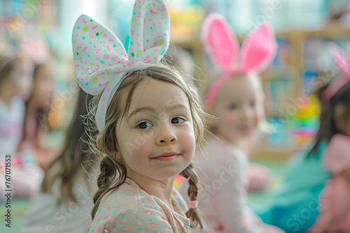 Little girl with bunny ears on her head