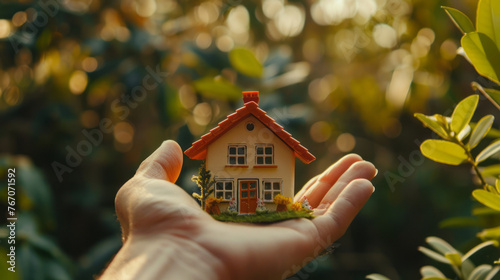 Small house in a human hand. New home, business, investment and real estate concept