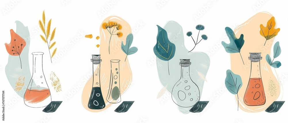 Isolated modern illustration of 6 Chemistry test tubes, different shapes flasks. Collection of Hand drawn bulb and bubble liquid.