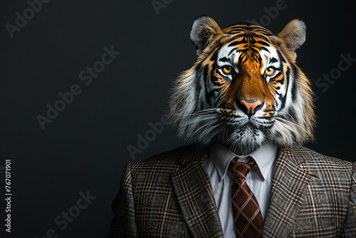 Tiger dressed in an elegant and modern suit with a nice tie. Fashion portrait of an anthropomorphic animal
