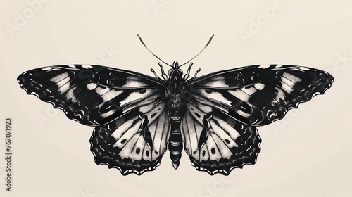 A beautiful black and white butterfly with intricate details. The butterfly is facing the viewer with its wings spread open.