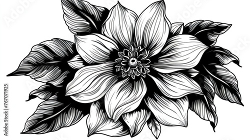 A black and white drawing of a flower. The flower has many petals and is surrounded by leaves. The drawing is detailed and realistic.