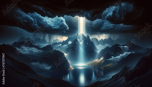 A breathtaking digital painting captures a mystical mountain scene where light dramatically pierces through an imposing cloud canopy, reflecting upon a serene lake nestled within the rugged peaks. © auc
