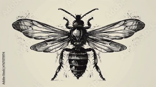 Detailed drawing of a bee, with its wings spread out. The bee is facing the viewer and its body is covered in tiny hairs. © Pixel