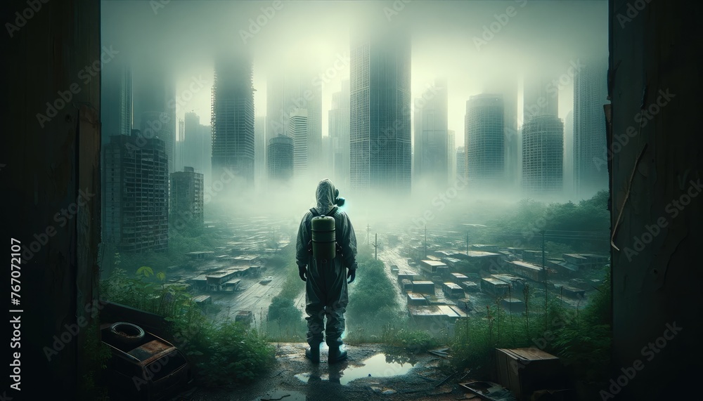 Amid mist-shrouded ruins, a lone explorer navigates the remnants of a once-thriving city overtaken by nature, creating a poignant post-apocalyptic scene. - obrazy, fototapety, plakaty 