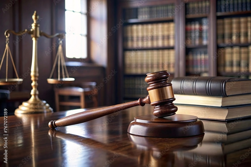Law theme, mallet of judge, wooden gavel on table Law theme, mallet of judge, wooden gavel on table