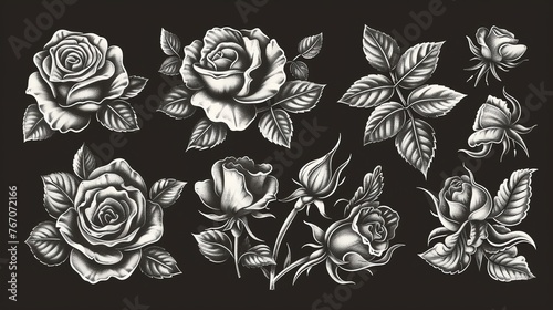 A set of black and white roses. The image features a variety of roses, including some with open petals and some with closed buds.