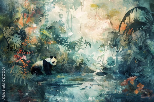 Watercolor painting of a panda beside a stream in the forest. It's a mammal. The giant panda's distinctive
 feature is the black fur around its eyes, ears, shoulders, and four legs.  photo