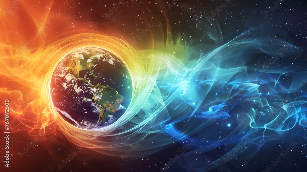 Vibrant Earth Wrapped in Fiery and Icy Energy, Symbolizing Balance. Fantasy Cosmic Artwork with a Dynamic Style. Ideal for Creative Projects. AI Vibrant Earth Wrapped in Fiery and Icy Energy, Symbolizing Balance. Fantasy Cosmic Artwork with a Dynamic Style. Ideal for Creative Projects. AI