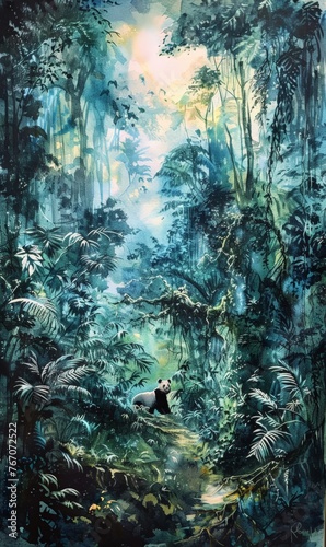 Watercolor painting of a panda searching for food deep in the forest. The giant panda s distinctive  feature is the black fur around its eyes  ears  shoulders  and four legs.