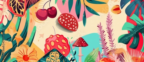 A retro psychedelic set of hippie elements featuring funky mushrooms, flowers, musical instruments, and decorative disco lamps. Modern illustration.