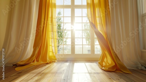 Yellow curtains fluttering in the wind against the background of a room window.