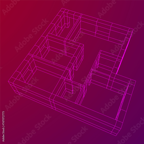 Architecture building. Modern house plan. Wireframe low poly mesh vector illustration. © newb1