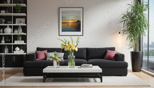 modern style Livingroom with black coffee table decorated with flower vase and candles - colorful background