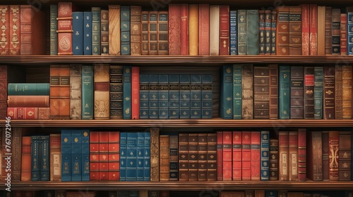 A beautiful library with books neatly arranged on wooden shelves. The books are old and have a classic look.