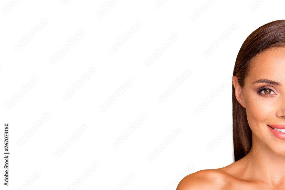 Half face cropped close up photo of sweet well-groomed gorgeous leisure lifestyle lady with her naked shoulder she isolated on pastel beige background with copy space for text look at camera