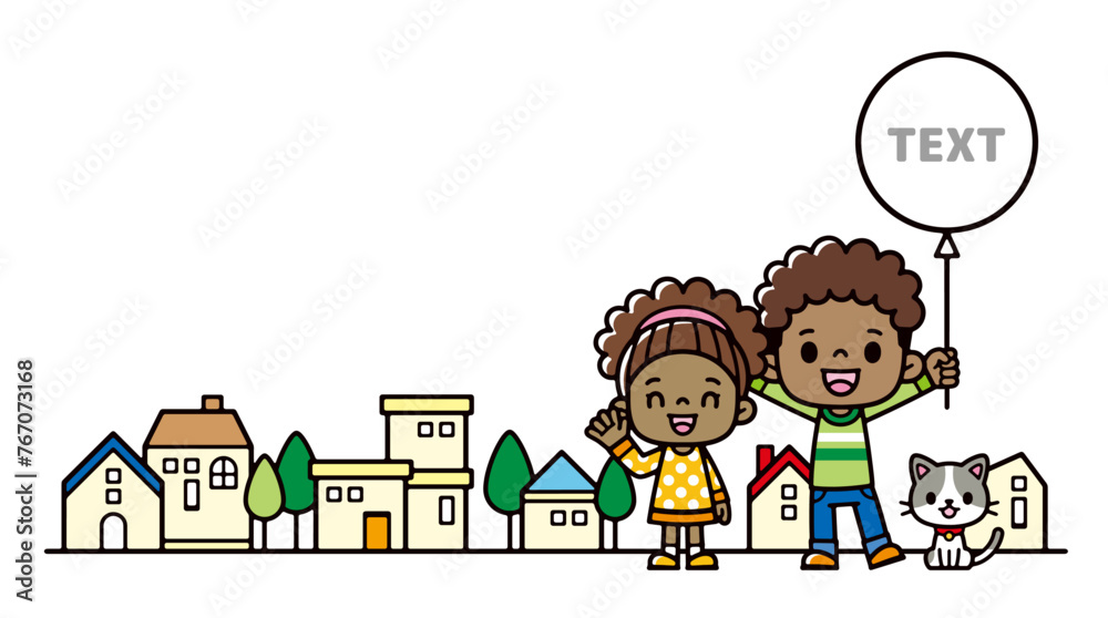 Illustration of black children with balloons standing in a residential area Illustration of black children with balloons standing in a residential area