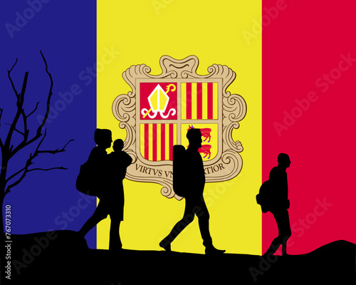 Immigration and refugees front of Andorra flag, immigrant and refugee concept