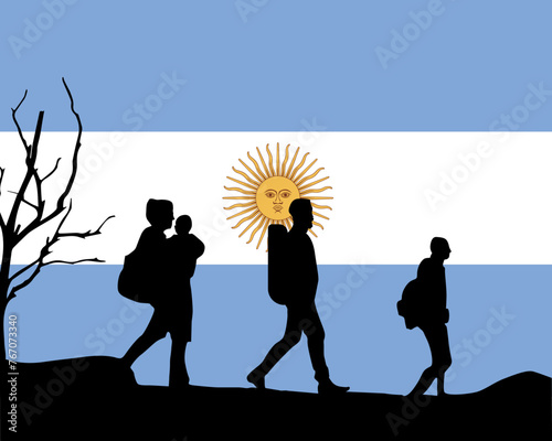 Immigration and refugees front of Argentina flag, immigrant and refugee concept