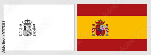 Spain flag - coloring page. Set of white wireframe thin black outline flag and original colored flag.