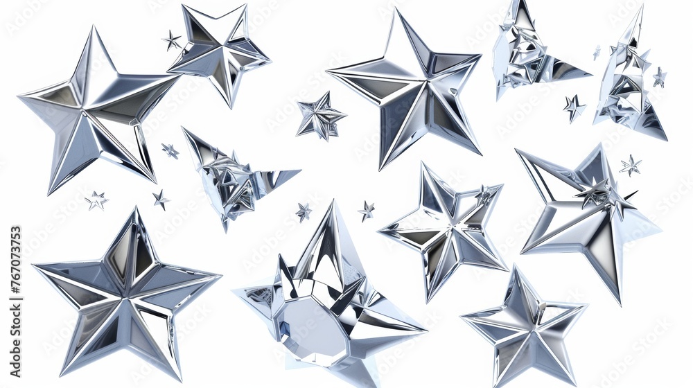 3d chrome stars set in a futuristic y2k style isolated on white background. Render 3d cyber chrome galaxy emoji with falling and flying stars, blings and sparks. - obrazy, fototapety, plakaty 