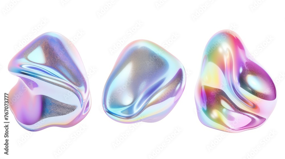 holographic liquid shape, iridescent chrome fluid bubble set isolated on white background. Render of abstract holographic metal blob with rainbow gradient effect. 3d modern geometric illustration...