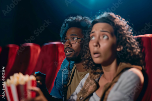 Captivated Couple Reacting to a Shocking Movie Scene
