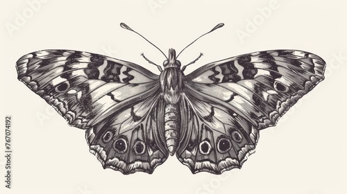 Aglais urticae sketch in old retro style. Handdrawn insect. Handdrawn small tortoiseshell. Modern graphic illustration isolated on white.