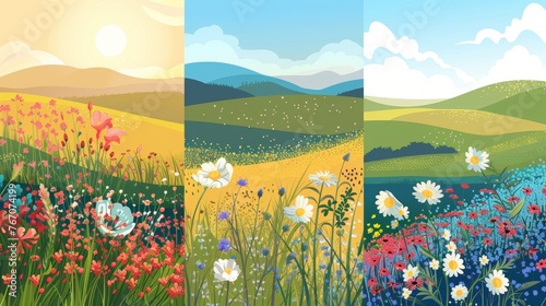 Decorative flower posters, spring and summer nature backdrops. Blossoms, hillsides, banners of the countryside in color. Modern illustrations in flat modern format.