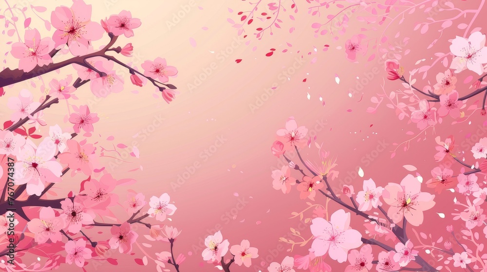 An illustration of spring cherry blossoms, floral plants with gentle delicate blooms, flora, springtime season. Japanese hanami with flowers, trees, Japan nature backdrop. An illustration of spring cherry blossoms, floral plants with gentle delicate blooms, flora, springtime season. Japanese hanami with flowers, trees, Japan nature backdrop.
