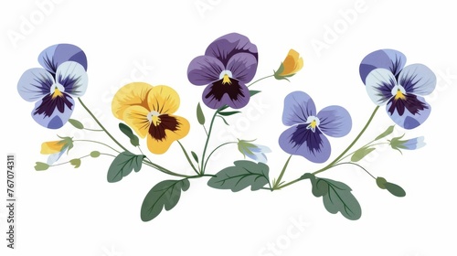 The Wild Pansy  field flower  the Heartsease  meadow floral plant. Gentle wildflower branch. Viola tricolor  delicate blooms. Beautiful heartsease. Isolated on white background  a flat modern