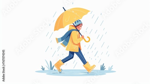 In a rainy day, a happy character strolls under an umbrella and steps into a puddle in rubber boots. Flat graphic illustration isolated on white. © Mark