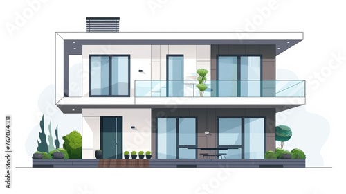 The exterior of a building with a terrace. An exterior of a two-story house. A facade of a mansion. A view of the outdoors. Real estate illustration. Flat modern illustration isolated on a white © Mark