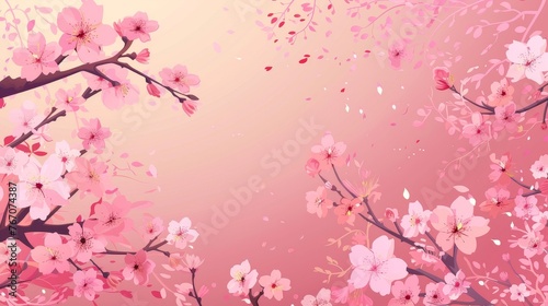 An illustration of spring cherry blossoms  floral plants with gentle delicate blooms  flora  springtime season. Japanese hanami with flowers  trees  Japan nature backdrop.