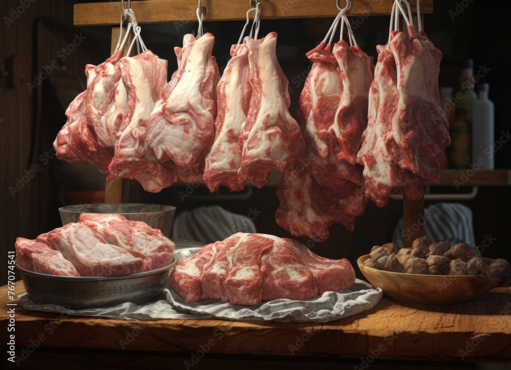 Hanging raw meats in butcher's shop