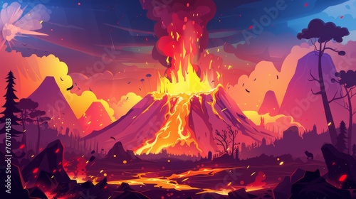 Modern cartoon illustration of a prehistoric volcanic island, with hot magma flowing from the crater and fire blazing in the forest.