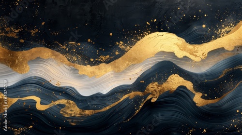 With black and gold brush stroke texture with Japanese ocean wave pattern in vintage style. Abstract art landscape banner design with watercolor texture modern. Bamboo element.