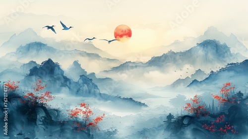 A landscape of abstract art with mountains, ocean and seas with a hand-drawn wave background with cranes and clouds. Blue watercolor clouds with a vintage texture.