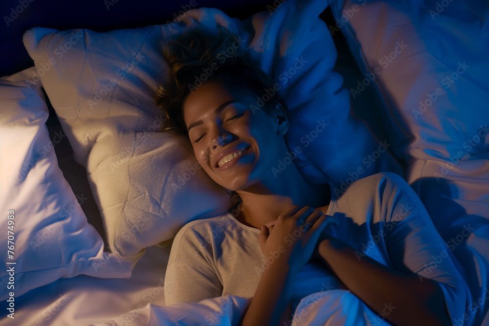Joyful Woman Lying in Bed with Cozy Night Lighting Joyful Woman Lying in Bed with Cozy Night Lighting