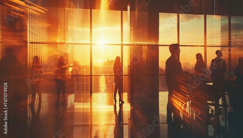 A blurred background of business people in a office meeting room, sitting around the table and discussing ideas. The focus is on their silhouettes against the glass wall behind them