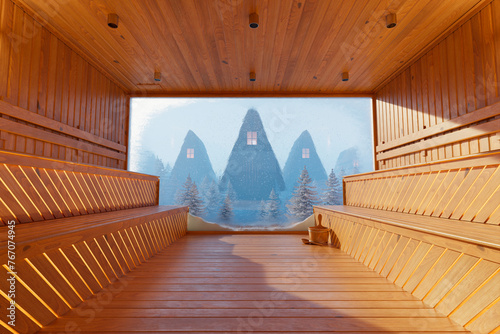 Luxurious Wooden Sauna Interior Overlooking a Snowy Winter Landscape