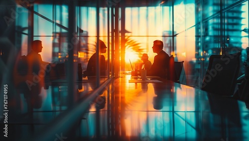 A blurred background of business people in a office meeting room, sitting around the table and discussing ideas. The focus is on their silhouettes against the glass wall behind them photo