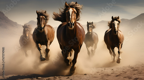 horse in the desert, A herd of horses running in the dust 