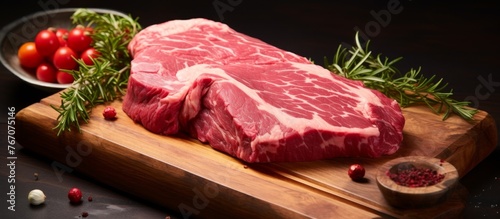 A raw piece of beef steak is placed on a wooden cutting board, ready to be cooked into a delicious dish. This natural ingredient is a red meat commonly used in various cuisines and recipes
