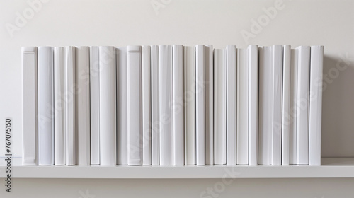 Mock-up of many book spines in various thickness and height with blank white cover on a plain white background. New modern minimal books in edge view.
