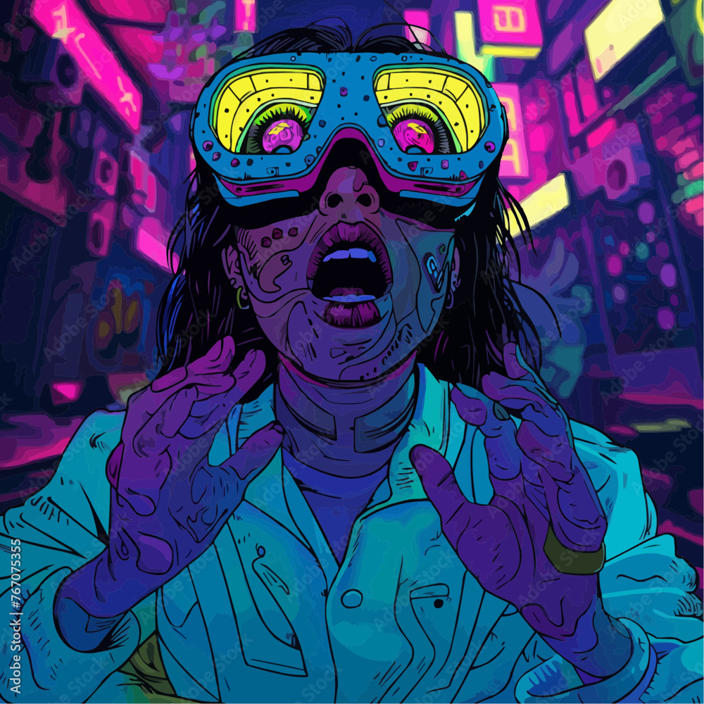 Immersive Adventure: Person Using Virtual Reality Glasses in Zombieland with Vibrant Colors
